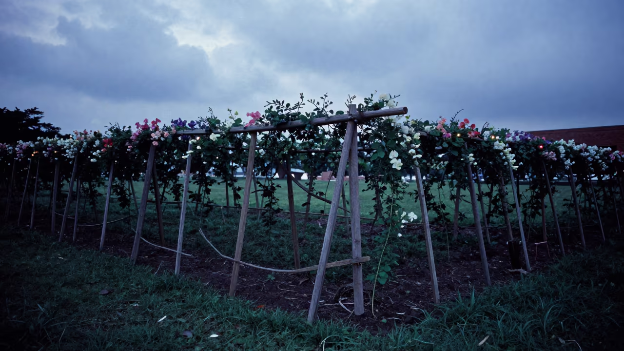 Sweet Pea Trellis at Blue Hour in Singapore in in a bloom-heavy meadow near Clarke Quay, Singapore