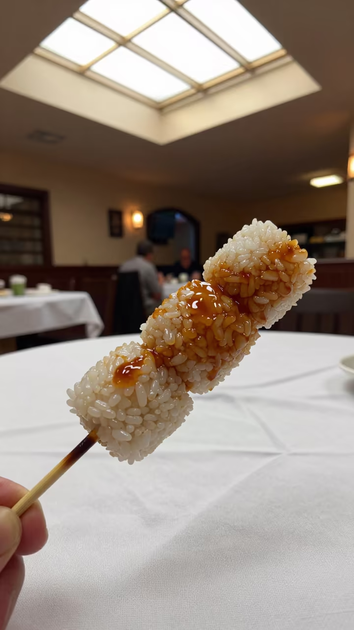 Sweet Soy Glazed Dango on Linen Table in on a linen-covered restaurant table in Tivaouane