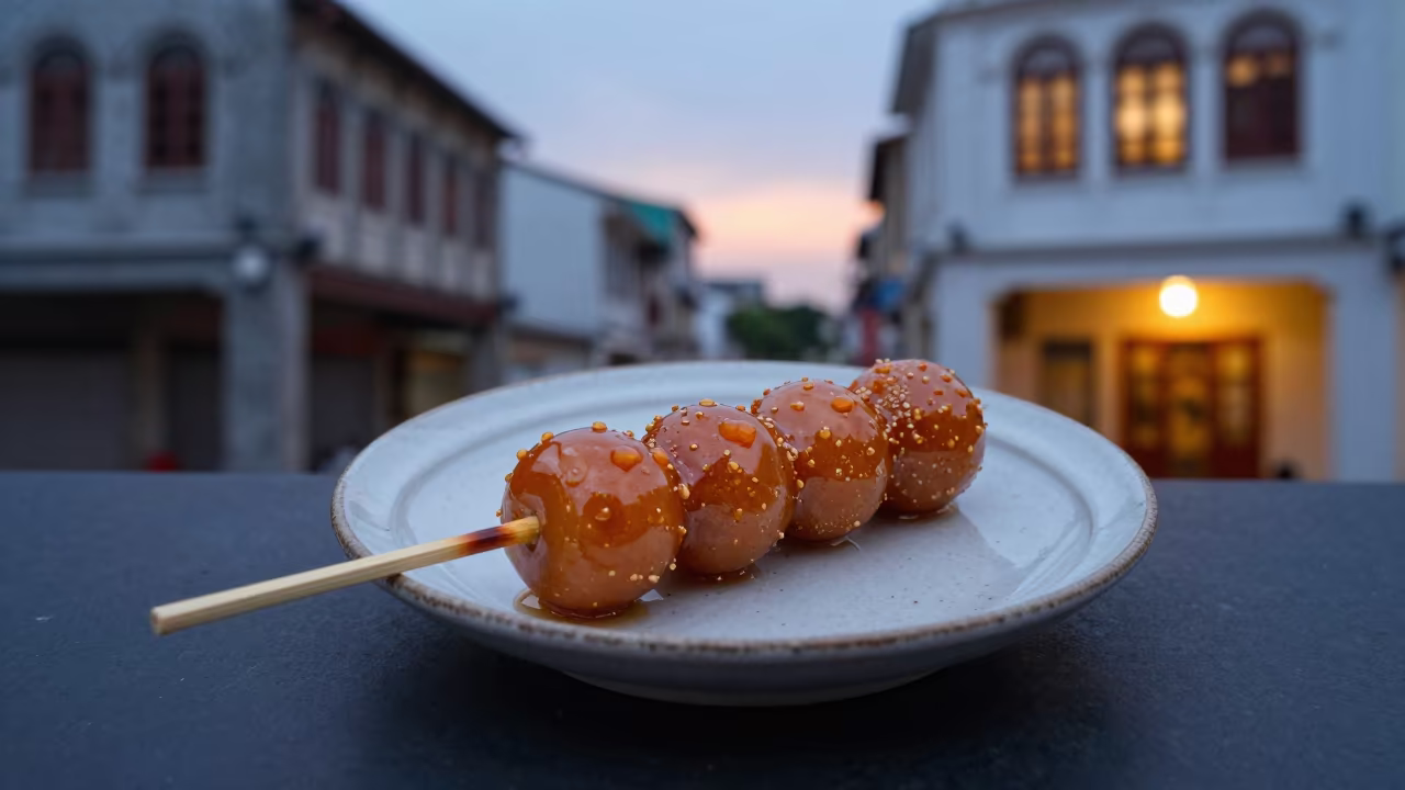 Sweet Soy Glazed Dango Skewer on Ceramic Plate in on a ceramic plate by a window in George Town