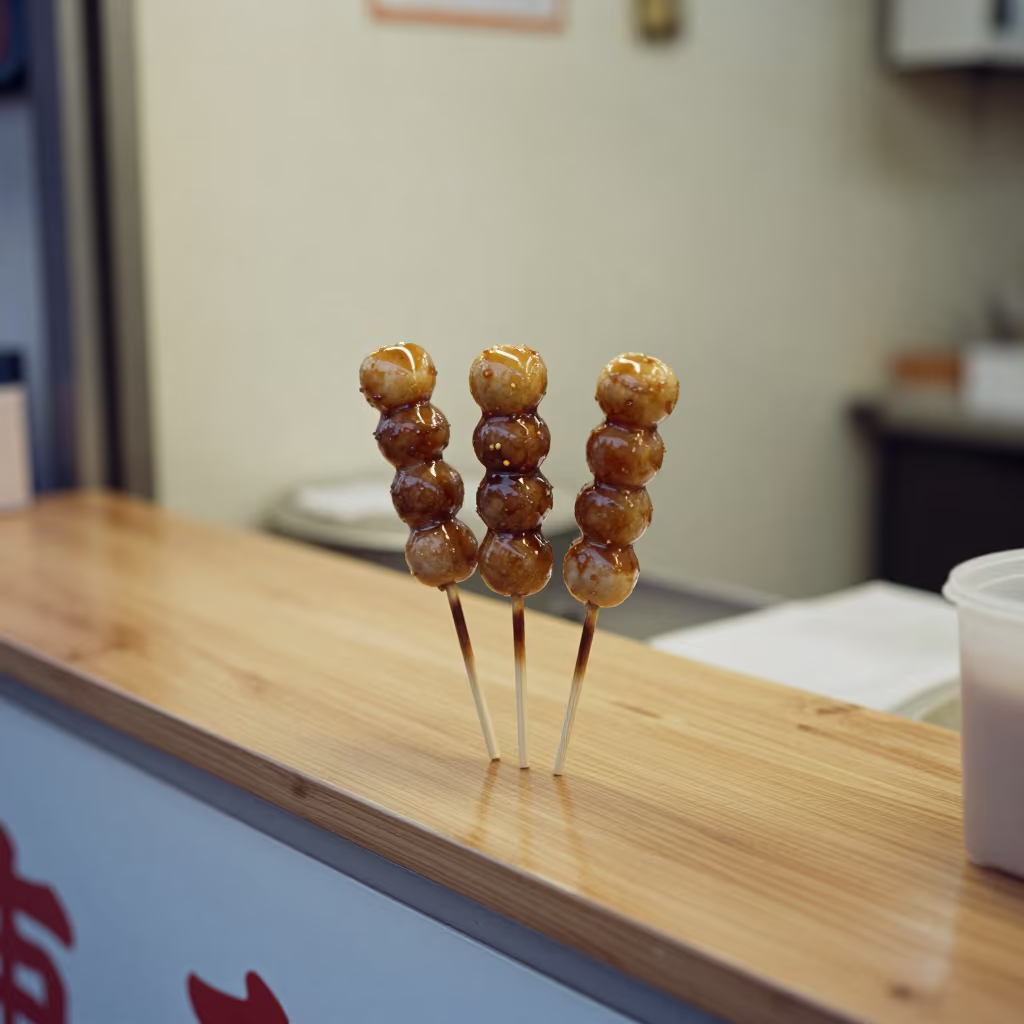 Sweet Soy Glazed Dango Skewers Bucharest Market in at a market stall counter in Bucharest