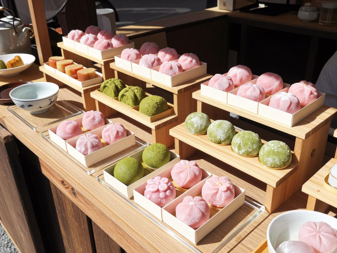 Sweets Displayed in Kyoto at Bright Midmorning Light in in Kyoto, Japan