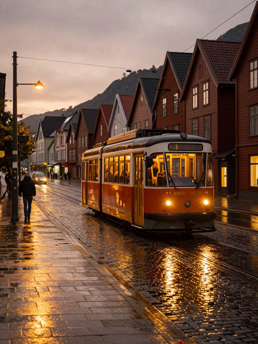 Swept Scene in Bergen at Honeyed Evening Light in in Bergen, Norway