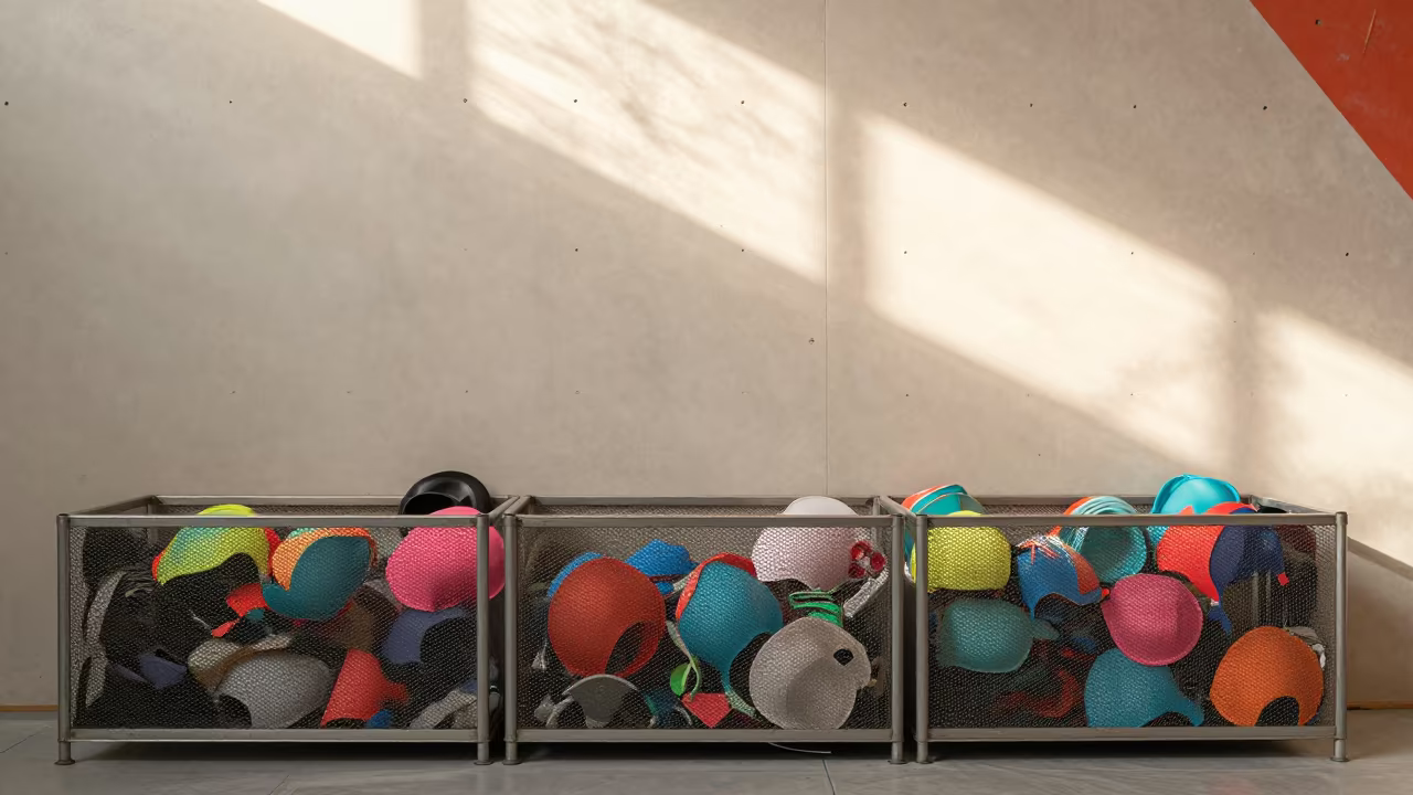 Swim Cap Basket in Climbing Gym Warmup Zone in inside a climbing gym warmup zone near Mysore