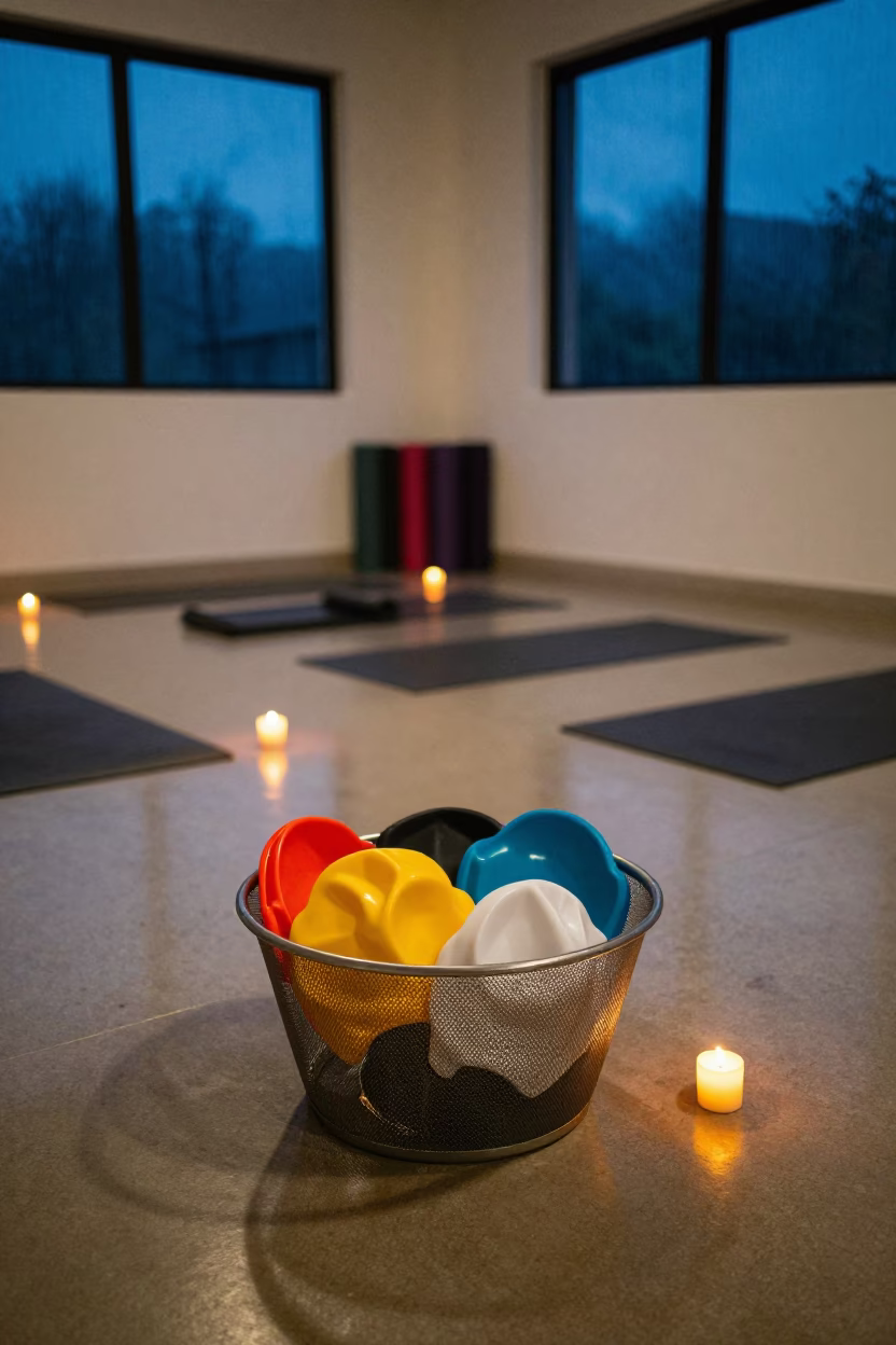 Swim cap basket in twilight yoga studio in inside a yoga studio before the session begins near Qingdao