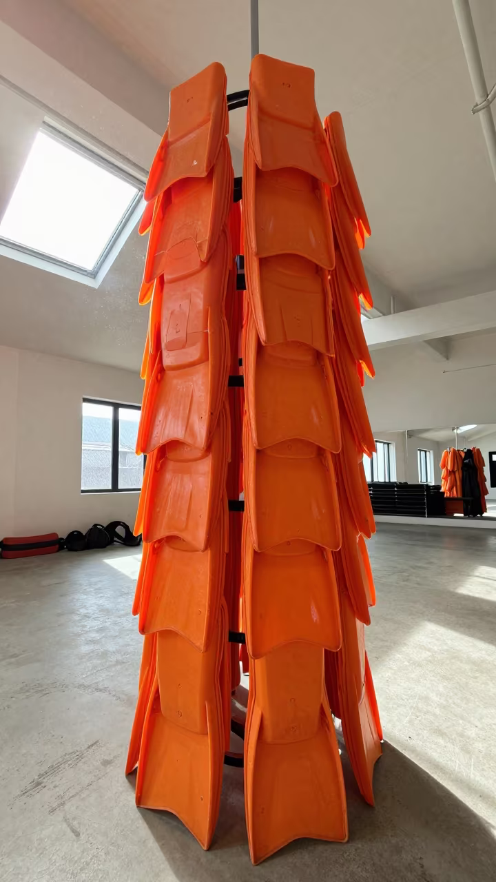 Swim Fin Tower Drying in Winter Studio in inside a yoga studio before the session begins near Detroit