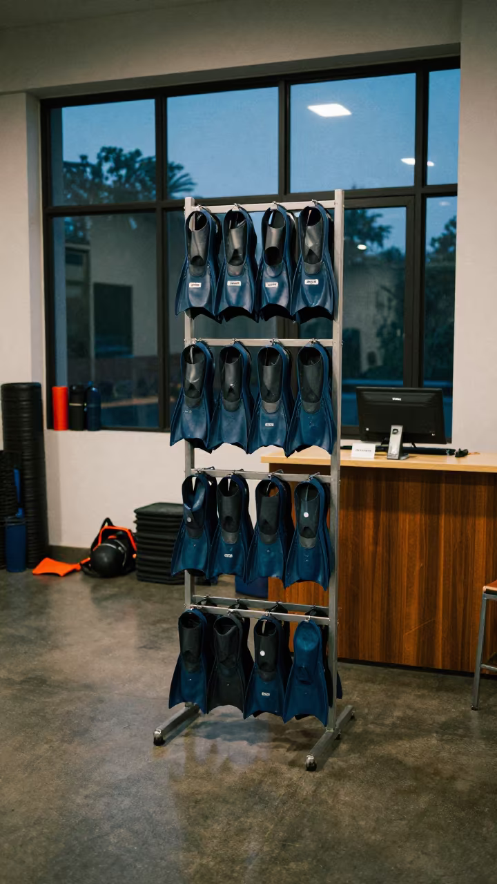 Swim Fin Tower at Gym Desk in Pune in at a gym check-in desk in Pune