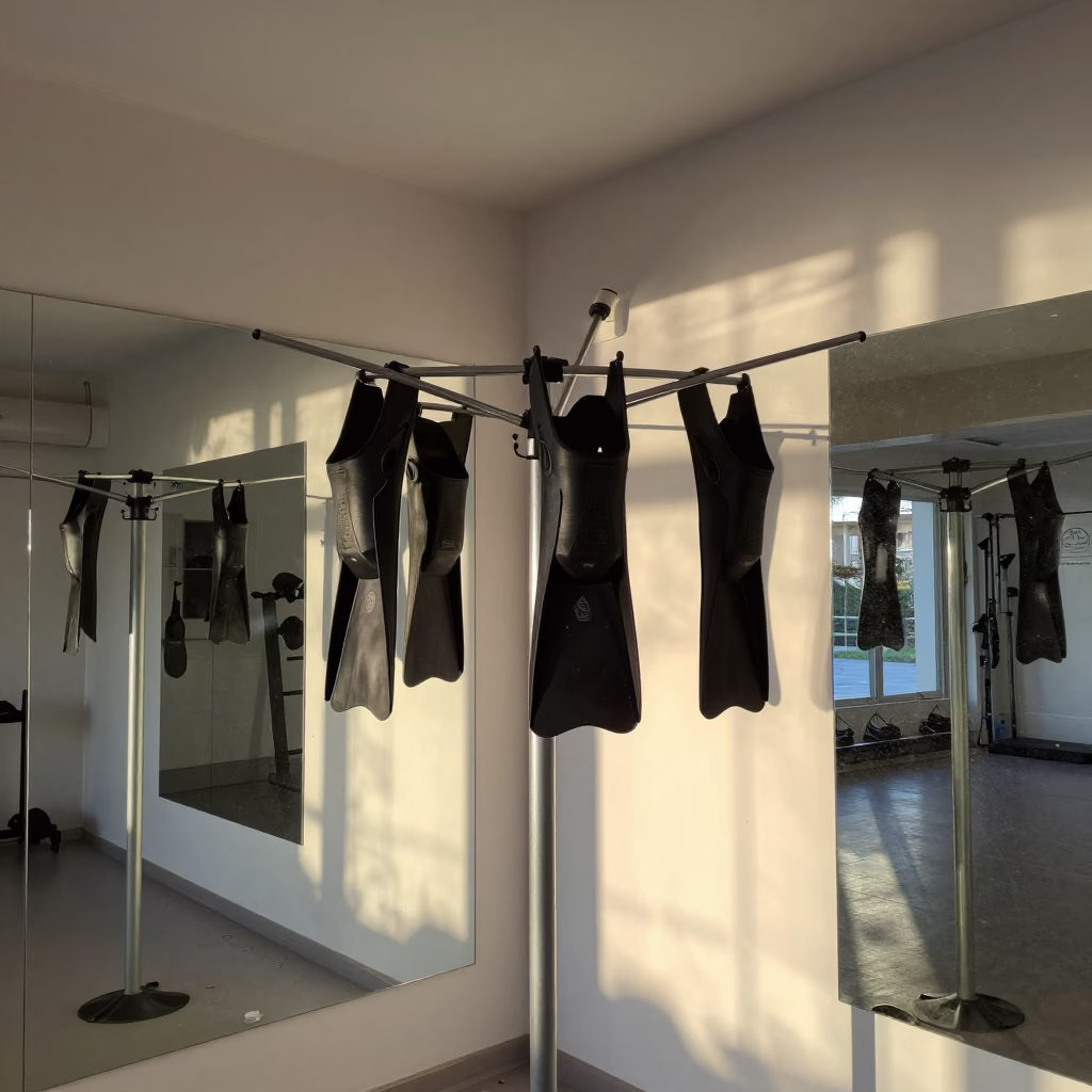 Swim fins drying on tower in Trieste studio in inside a spin studio under class lights in Trieste