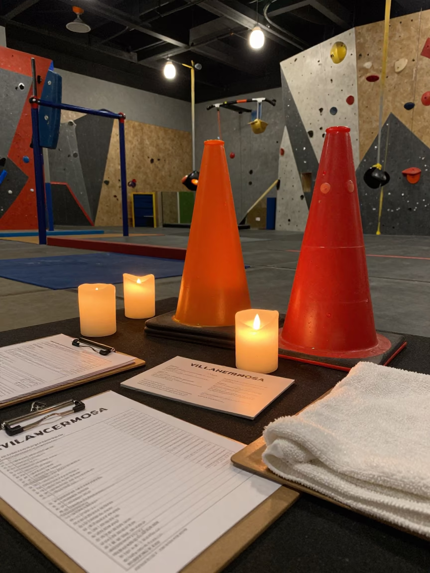 Swim Lesson Cart in Evening Gym Light in inside a climbing gym warmup zone near Villahermosa