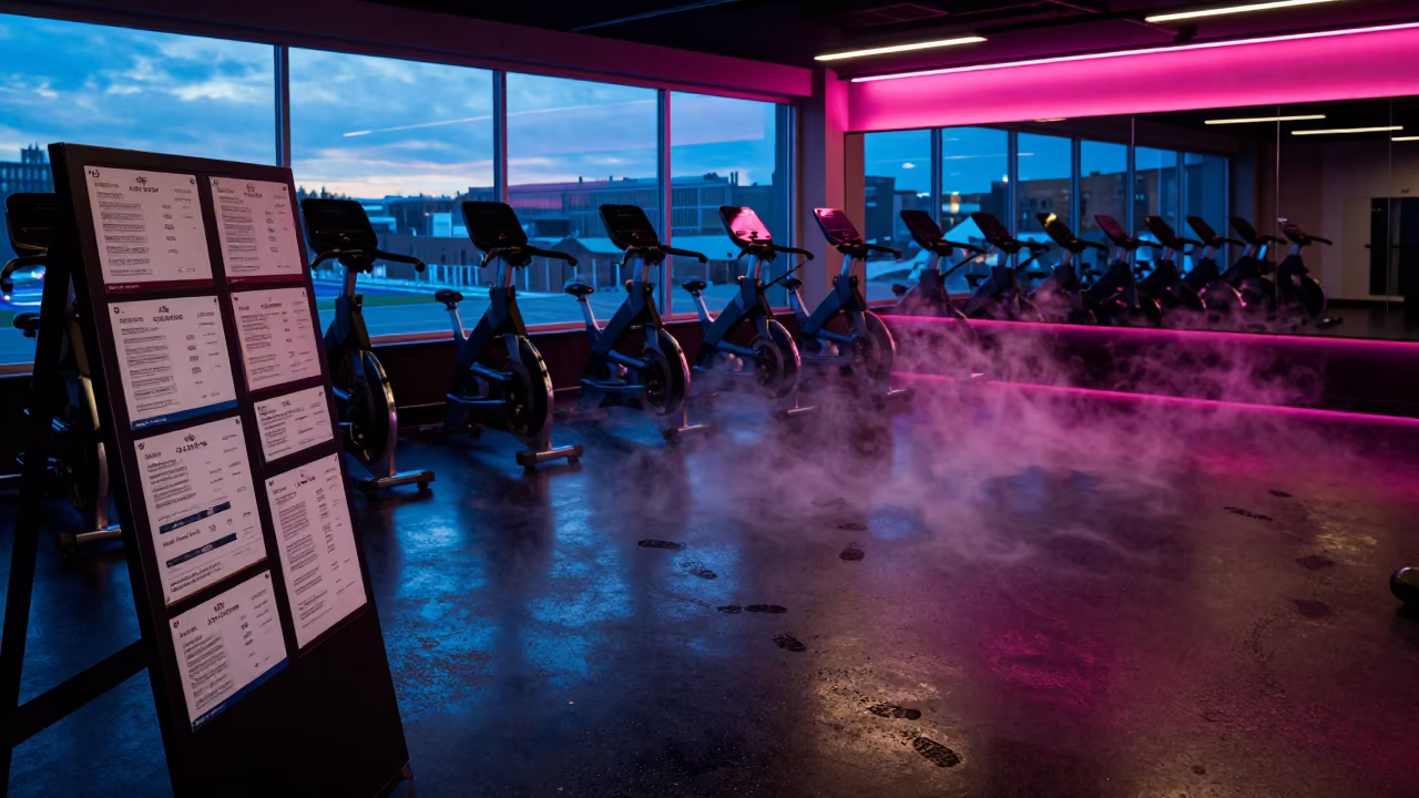Swim Test Certificate Rack with Wet Footprints in Calgary Studio in inside a spin studio under class lights in Calgary
