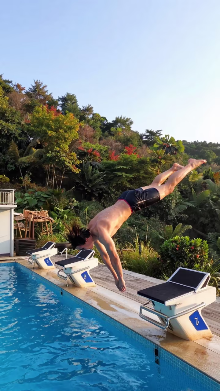 Swimmer Dives from Block Near Nanjing Hillside in on a hillside near Nanjing