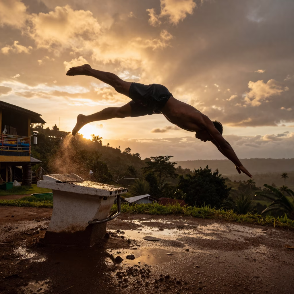 Swimmer Diving from Block on Mountain Path in on a mountain path near Kasulu