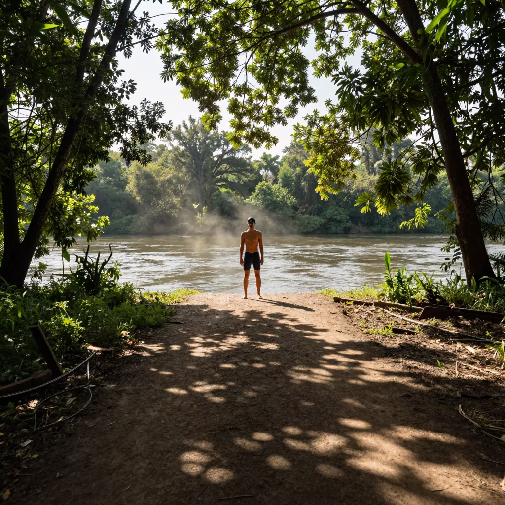 Swimmer at Riverbank in Dappled Light in by a riverbank near Assela
