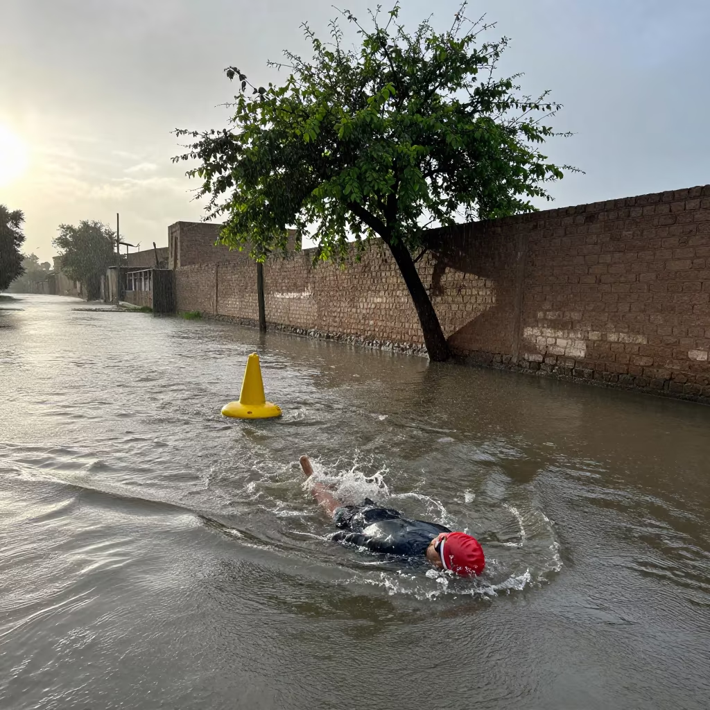 Swimmer Turns Buoy in Cairo Lane Under Dawn Shower in in a village lane near Cairo