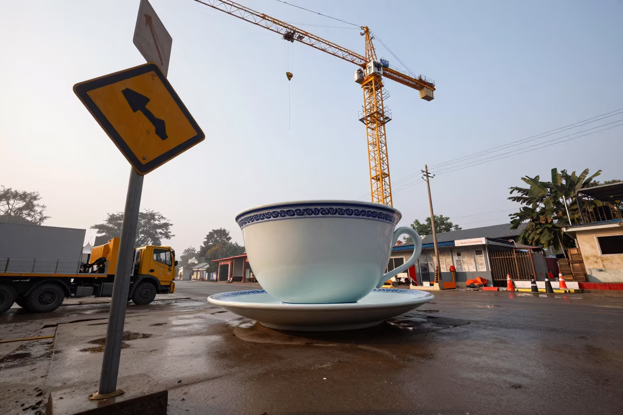 Swimming Pool Teacup Under Crane in Arunachal in beneath a tower crane on open ground in Arunachal Pradesh