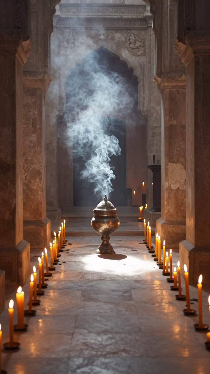 Swinging Censer in Rahim Yar Khan Nave in inside a candlelit nave in Rahim Yar Khan