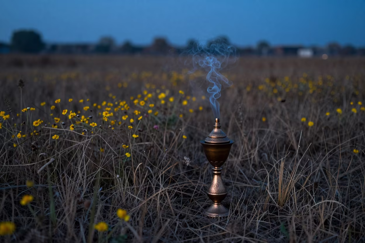 Swinging Orthodox Censer in Autumn Meadow Twilight in in a bloom-heavy meadow near Abbottabad