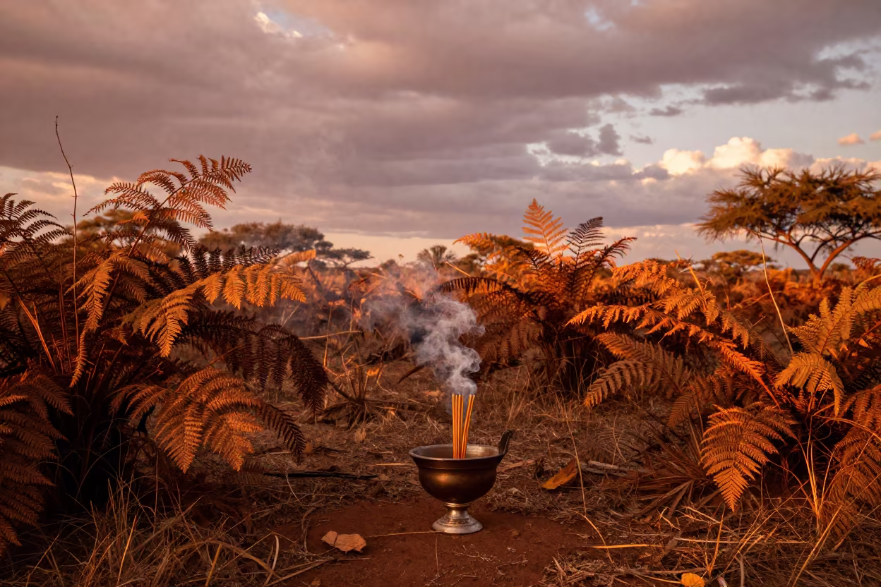 Swinging Orthodox Censer Amid Dry Ferns in on a fern-lined forest floor in Namibia