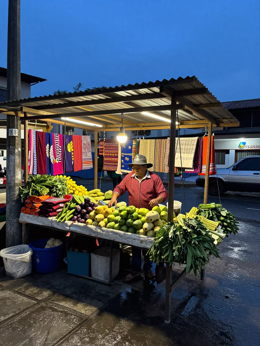 Swinging Scale at Bogota Market Stall in at a textile trader's stall in Teusaquillo, Bogota