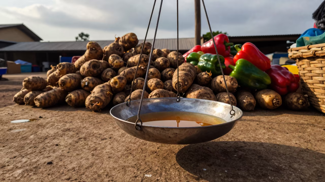 Swinging Scale Under Produce in Uyo Market in at a market stall in Uyo