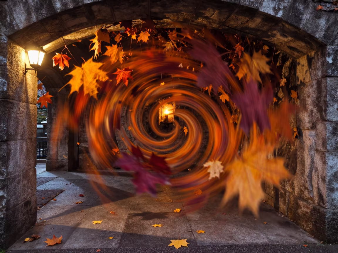Swirling Autumn Leaves in Skylit Lugano Passage in inside a skylit passageway near Lugano