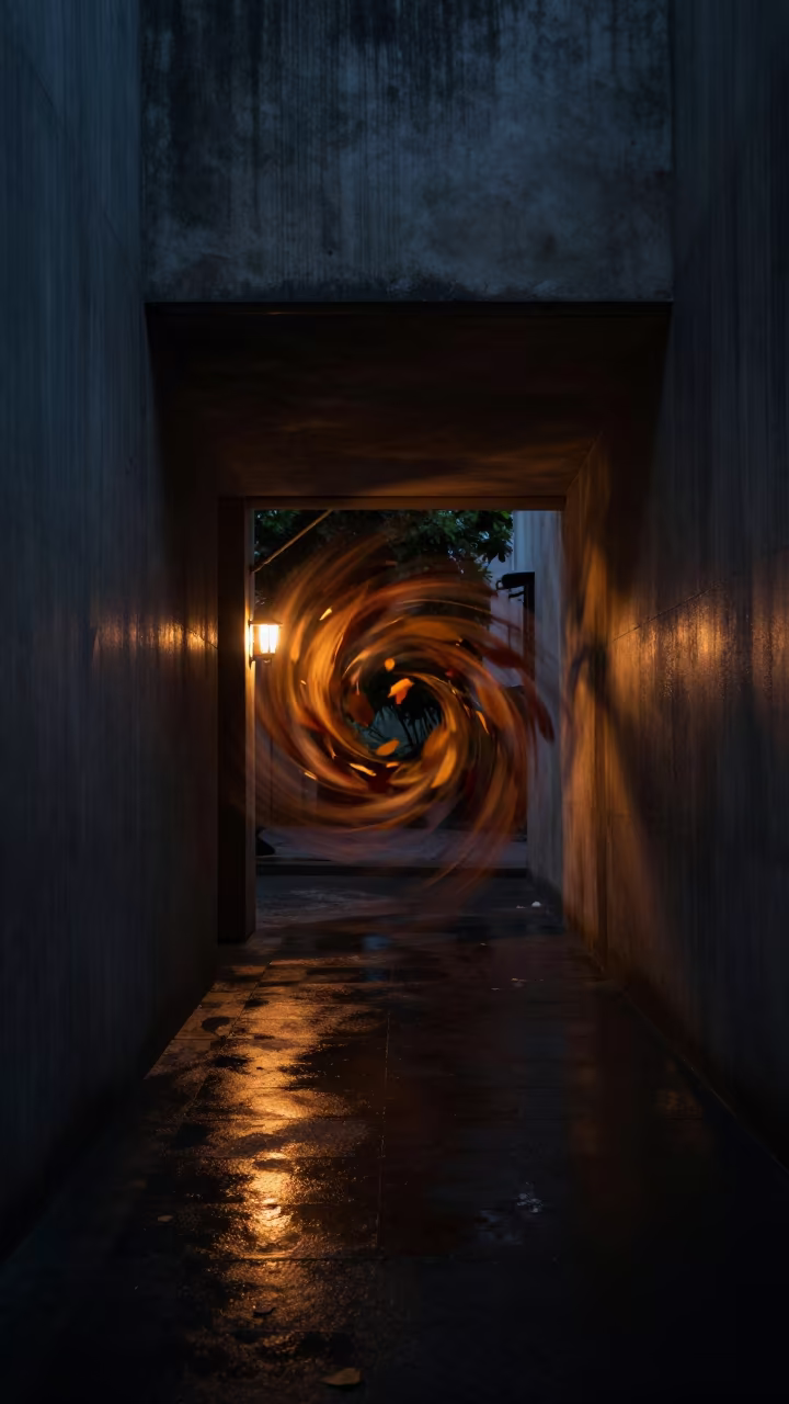 Swirling Autumn Leaves in Predawn Firelight in inside a skylit passageway near Da Nang