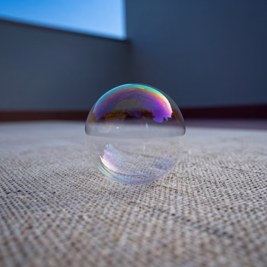 Swirling Colors on Soap Bubble Over Linen in against woven linen fibers near Sapporo