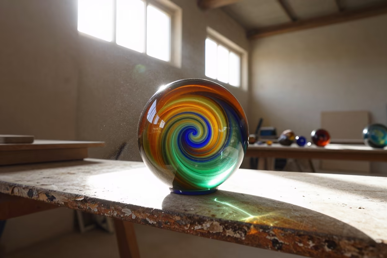 Swirling Glass Paperweight on Workshop Shelf in on a workshop shelf near Deir ez-Zor