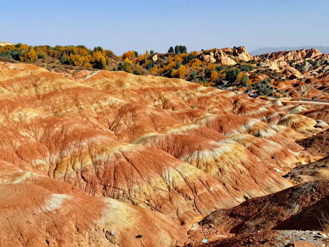Swirling Sandstone Wave Formation Ridge Foothills Zhangjiajie in from a ridge above layered foothills near Zhangjiajie