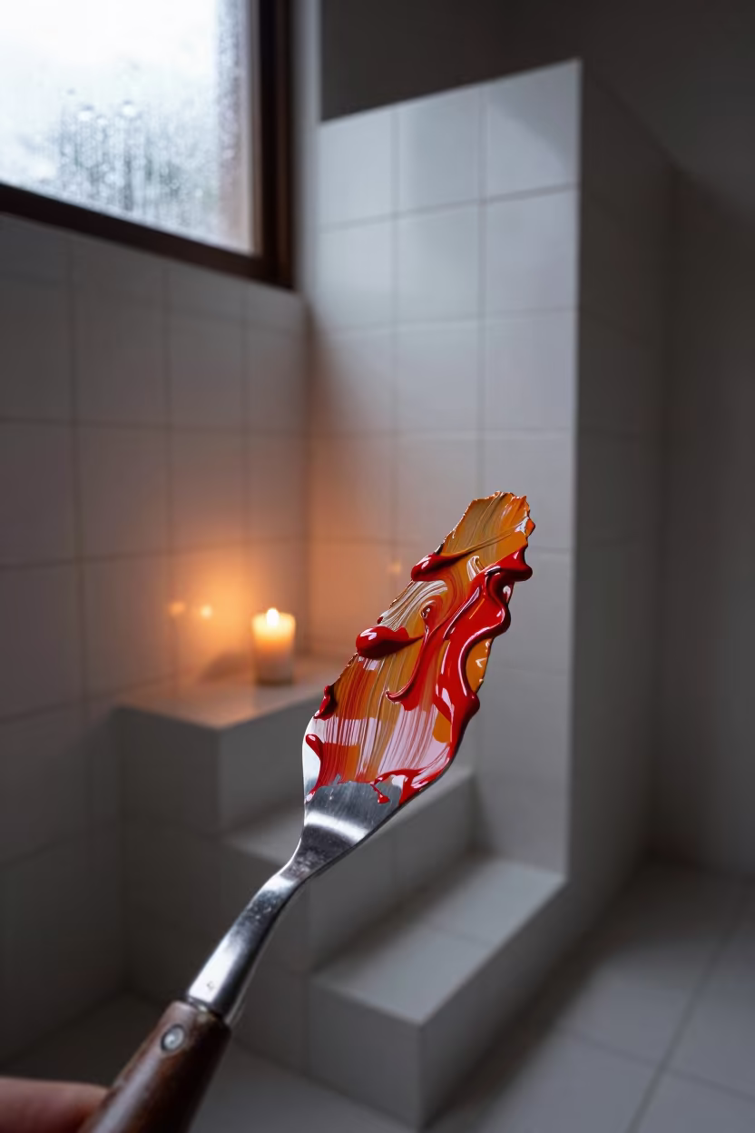 Swirling wet oil paint on palette knife in inside a tiled stair hall in Puebla