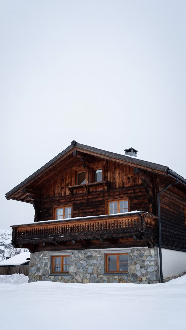 Swiss Chalet Balcony in Norwegian Spring Snow in in Norway