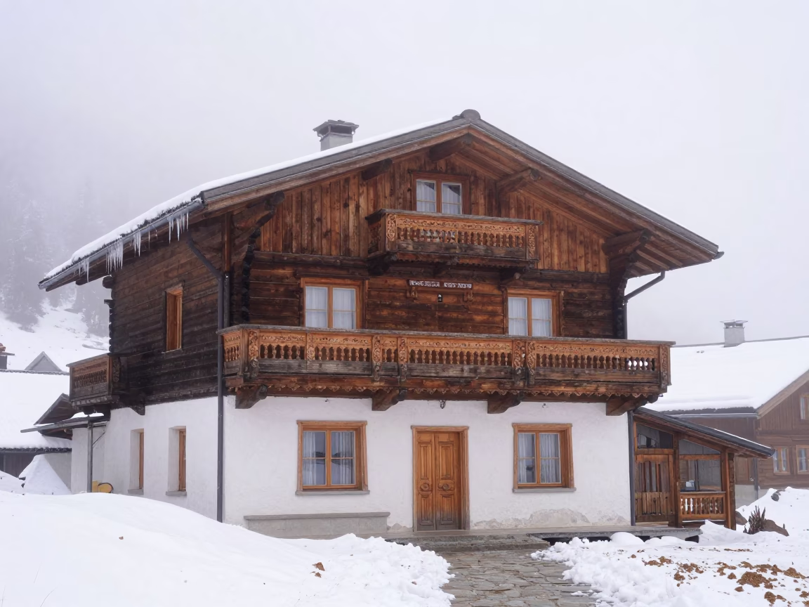 Swiss Chalet Balcony in Tibet Snow Thaw in in Tibet
