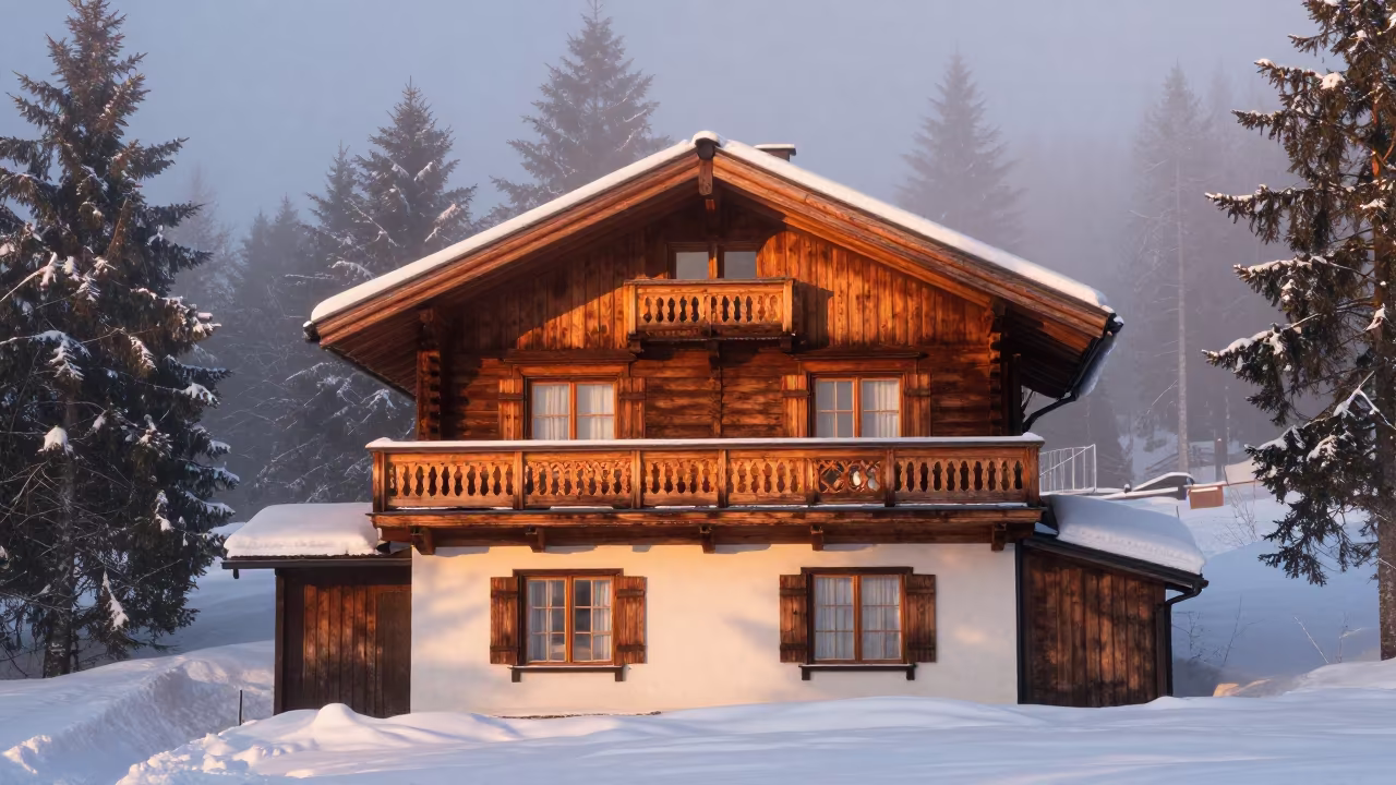 Swiss Chalet in Swedish Winter Mist in in Sweden