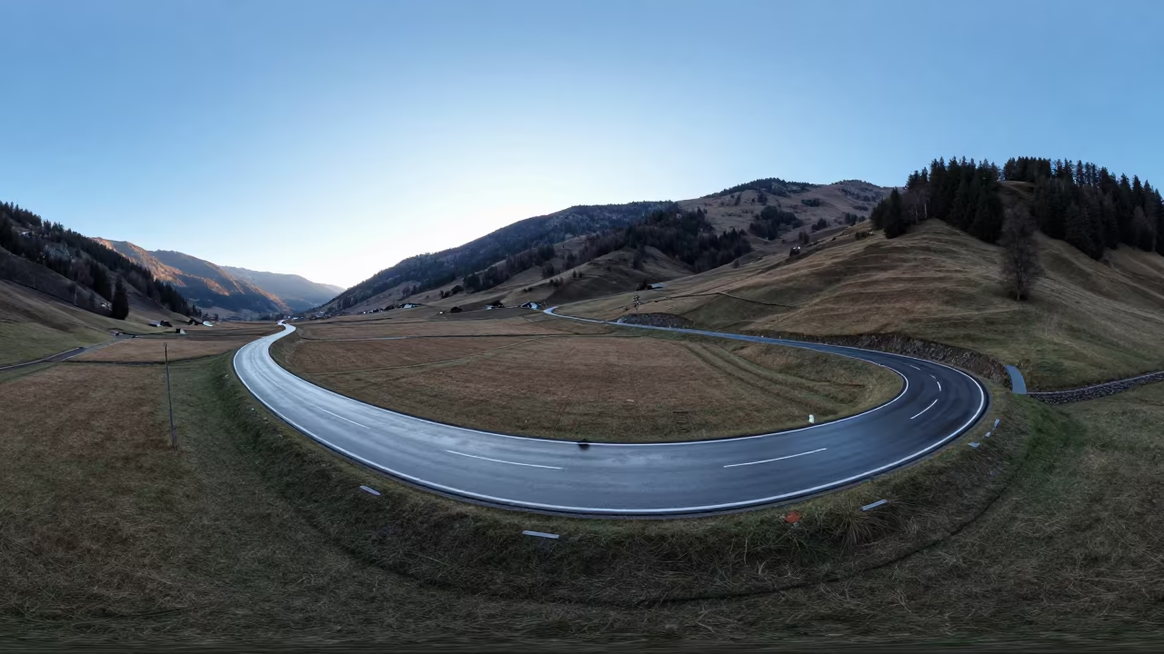 Swiss Floodplain Road in Cold Silver Dawn Light in across a floodplain after rain in Switzerland