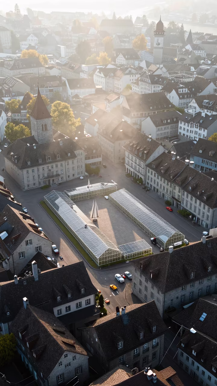Swiss Medieval Town Aerial View at Dawn in high over greenhouse grids in Switzerland