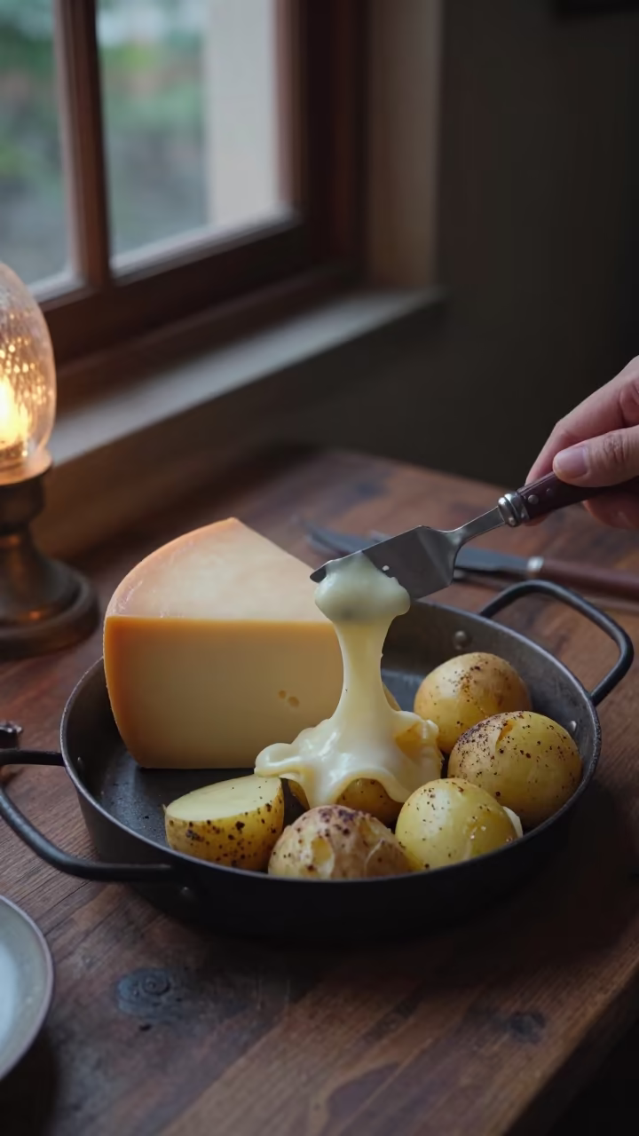 Swiss Raclette Melting Over Potatoes in Saigon in on a rustic wooden table in Ho Chi Minh City