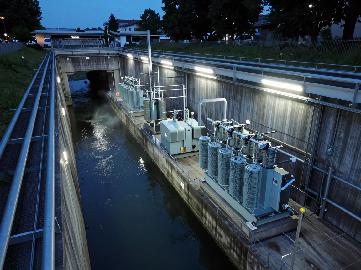 Swiss Storm Tunnel Evening Shadows Cables in beside a storm surge barrier in Switzerland