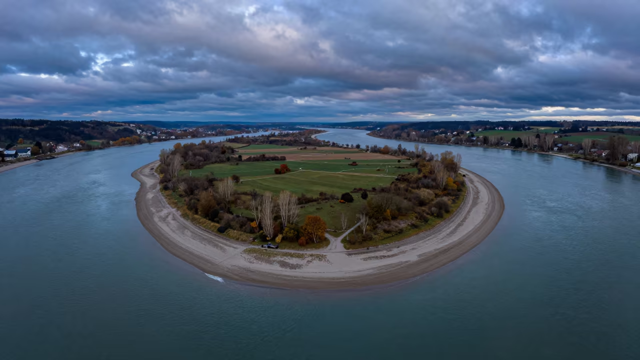 Swiss Tidal Island Aerial View Blue Hour in far above river meanders in Switzerland