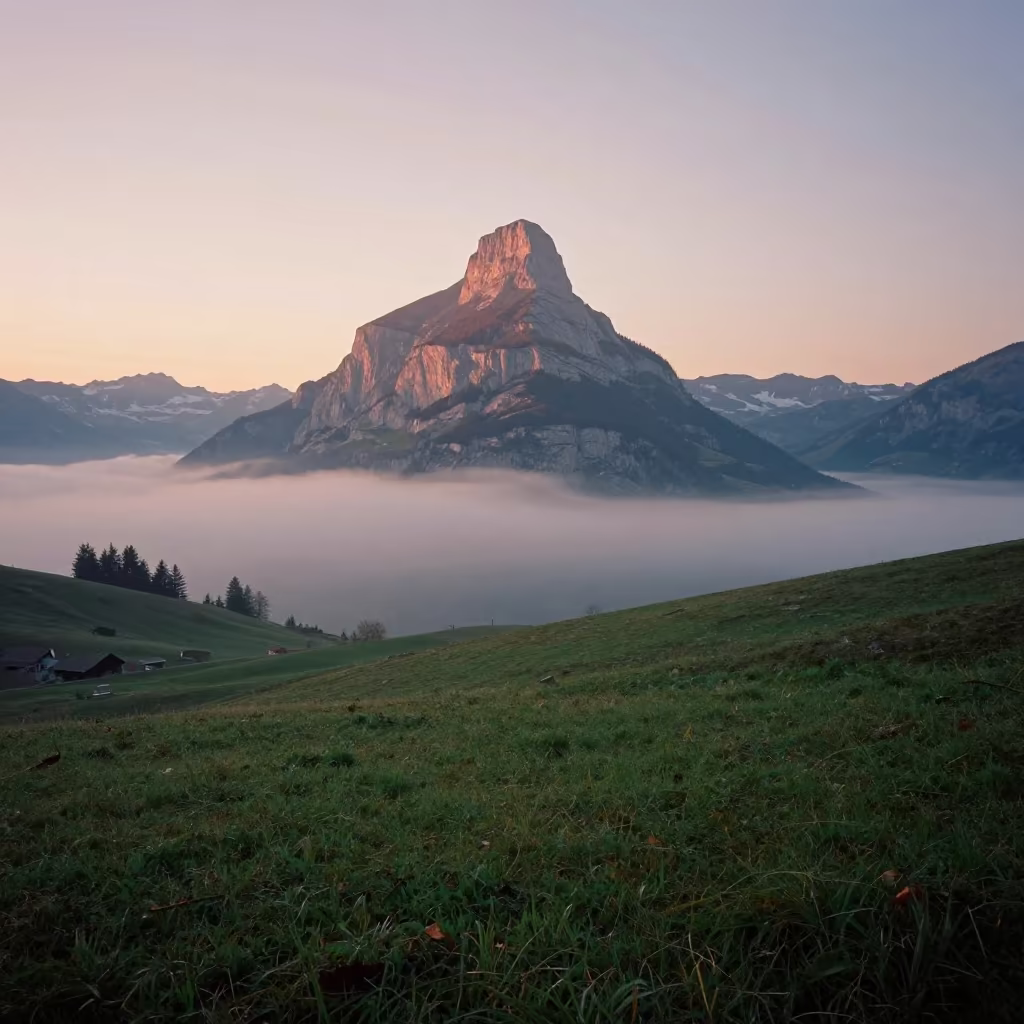 Swiss Valley Butte at First Light Dawn in across a wide valley floor in Switzerland