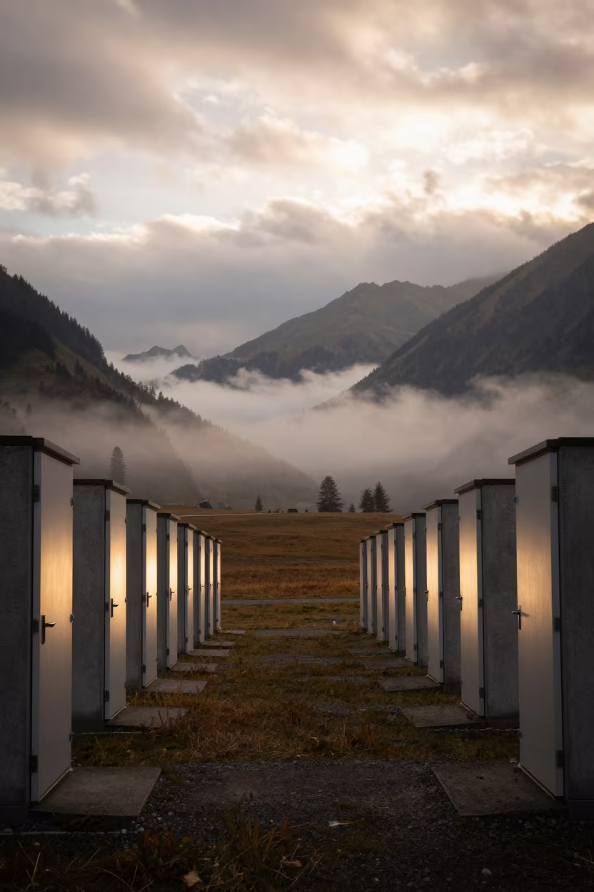 Swiss Valley Fog Doors Surreal Evening in across a storm-bright plain in Switzerland