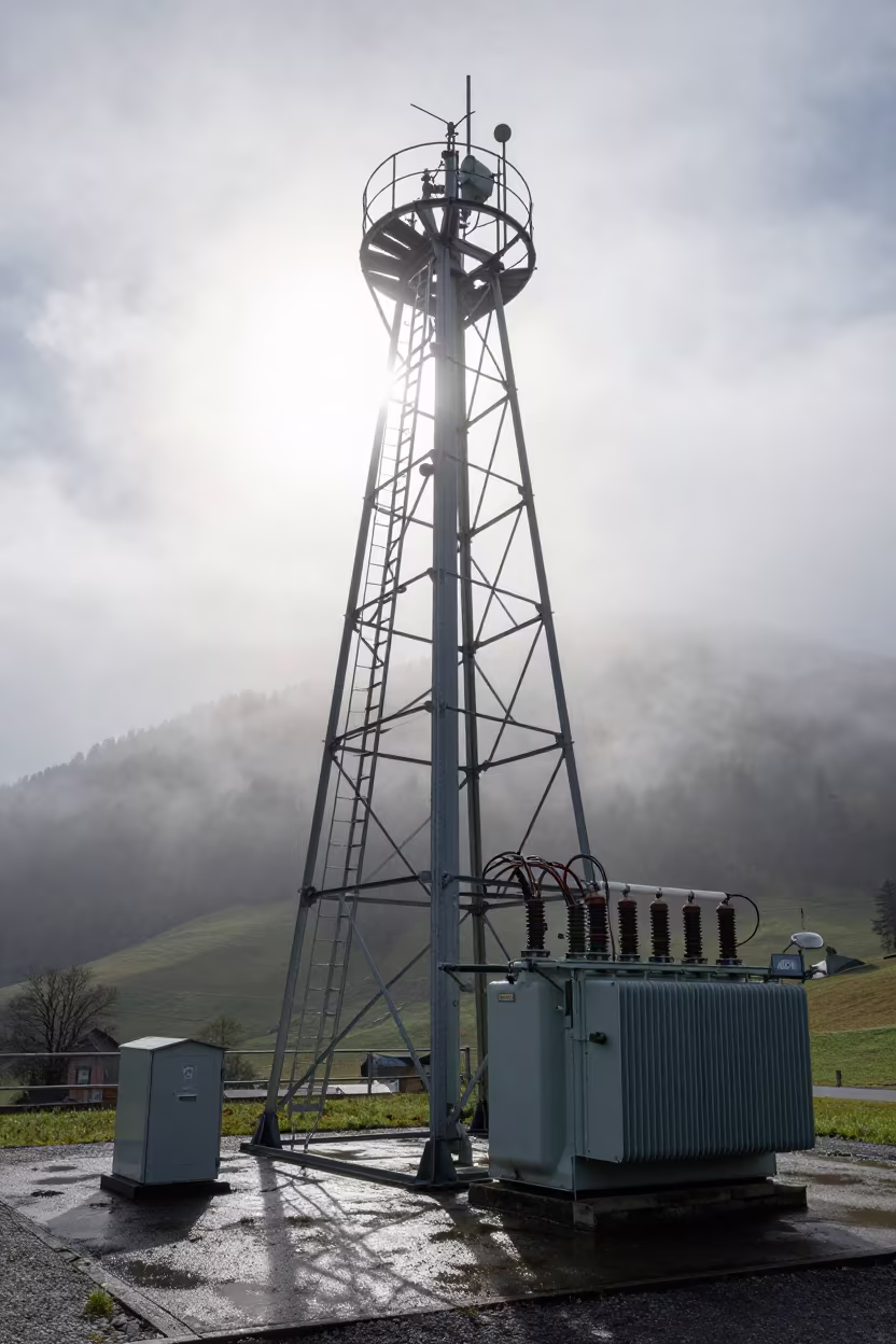 Swiss Water Tower Ladder in Foggy Valley Light in beside a water tower ladder in Switzerland