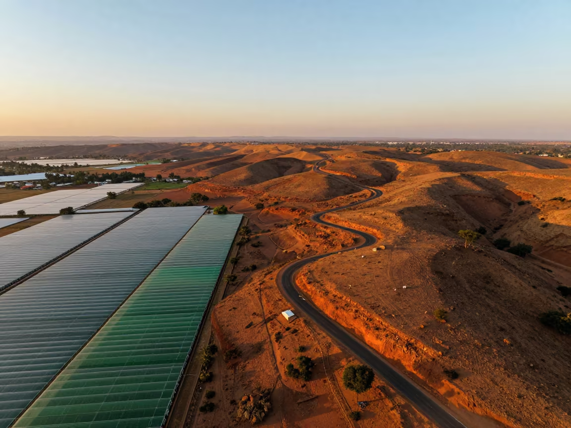 Switchback Roads Climb Copper Hills Niamey in high over greenhouse grids near Niamey