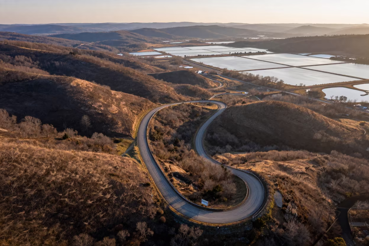 Switchback Roads on Copper Hills at Sunrise in high over salt ponds and causeways in Tennessee