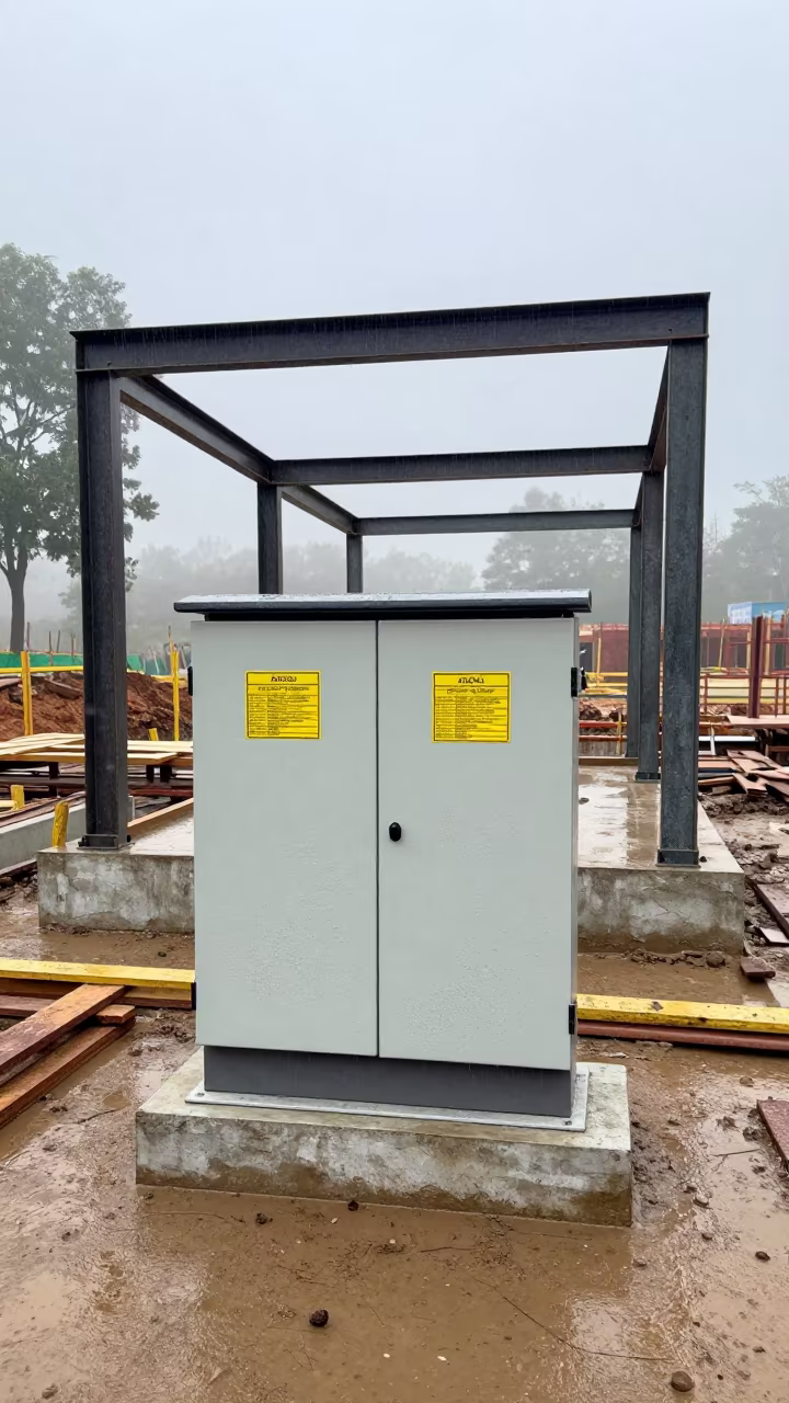 Switchgear Arc Flash Printer Before MEP Turnover in beside a framed building shell in Tripura