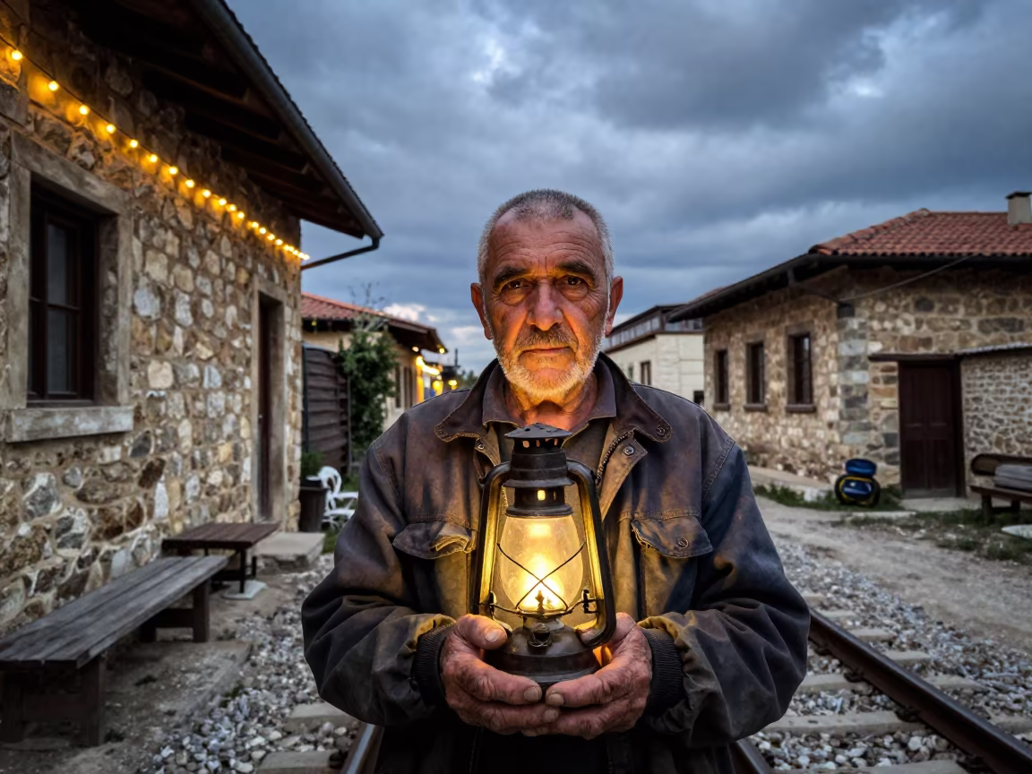 Switchman with Lantern Calluses in Azaz Evening in in the old quarter in Azaz