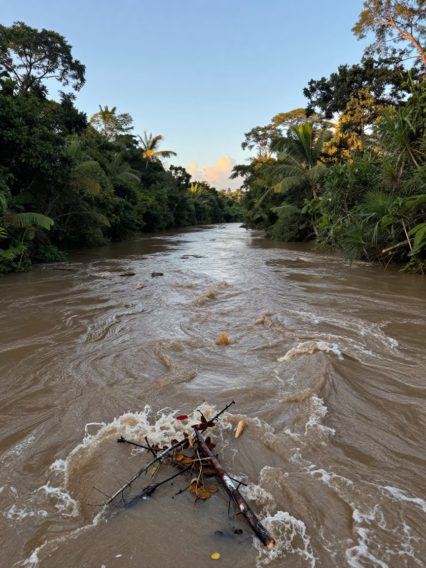 Swollen Belize River Carrying Debris in Evening Light in across a floodplain after rain in Belize