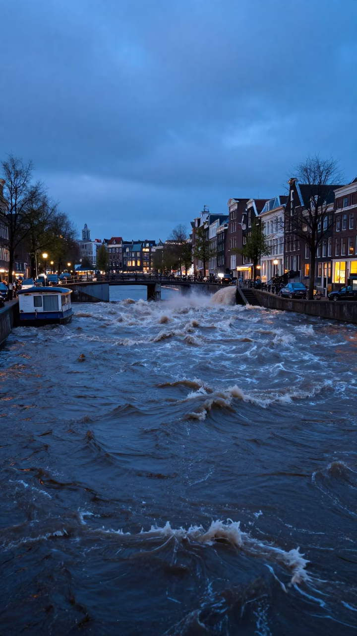 Swollen River in Amsterdam at Blue Hour in in Amsterdam, Netherlands