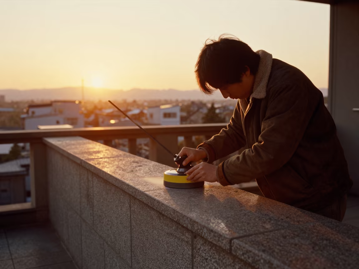 Sword Polisher in Tokyo Sunset Light in on a stone ledge in Tokyo