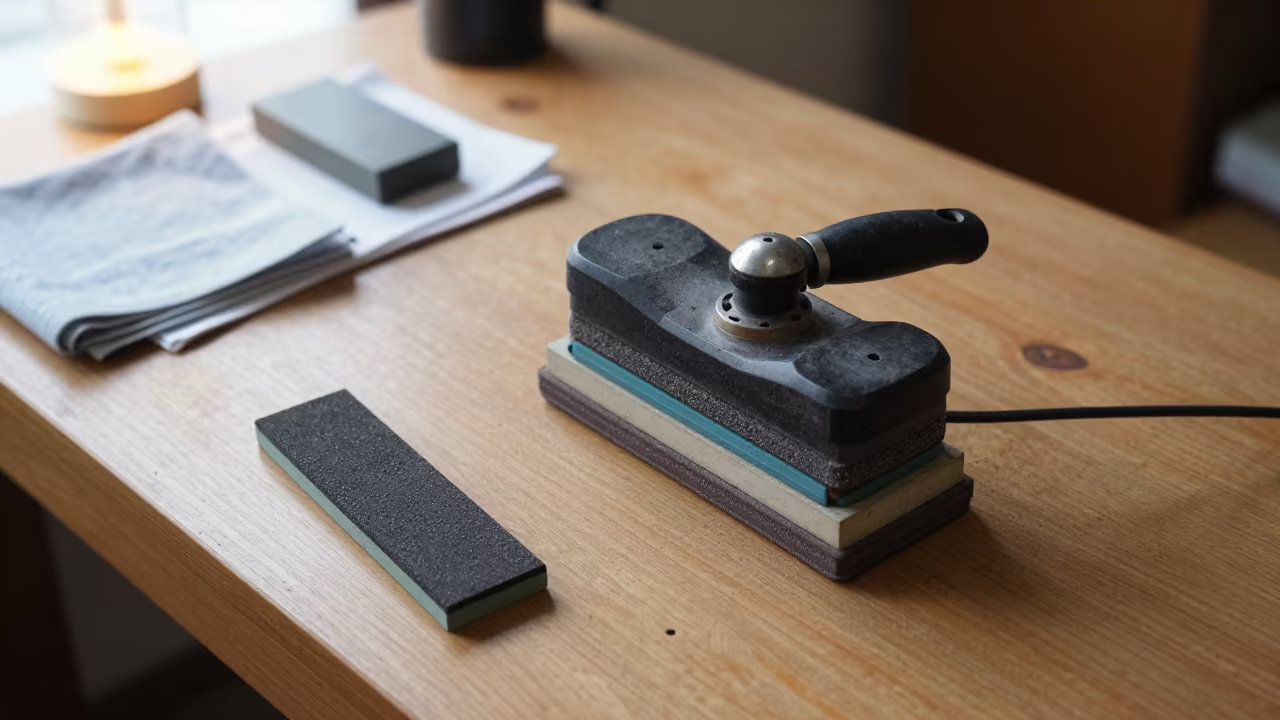 Sword Polisher Workspace in Osaka Library in on a dusty library table in Osaka
