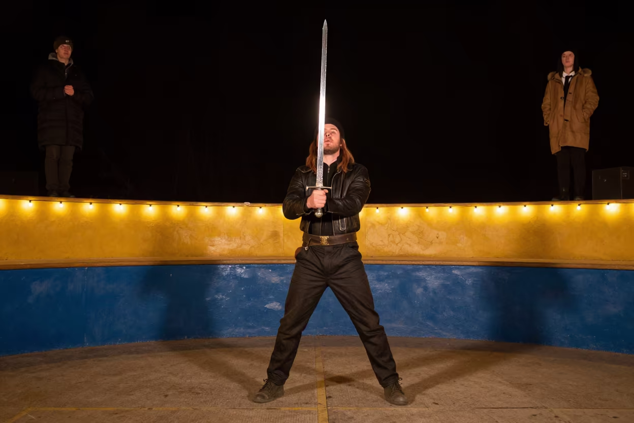 Sword Swallower on Display at Night in Heidelberg Detroit in on a painted display ledge in Heidelberg, Detroit