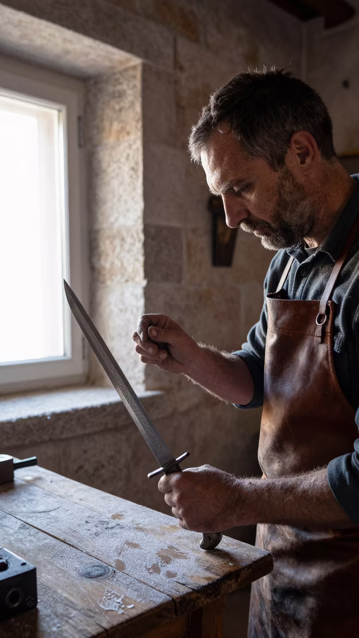 Swordsmith Examines Blade Edge in Lokrum Noon Light in in Lokrum, Dubrovnik